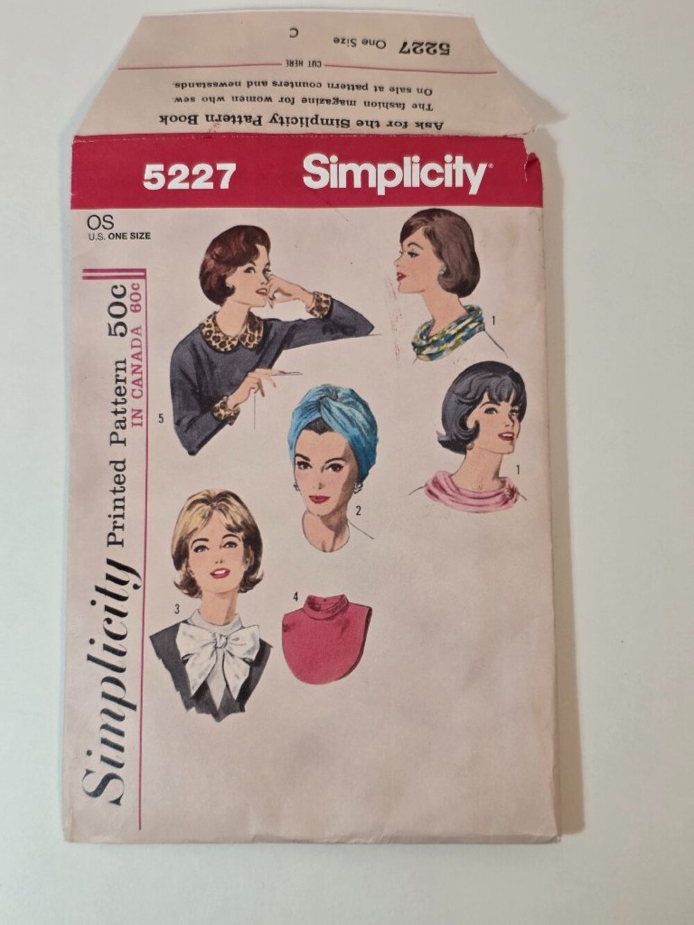 Simplicity 5227 Sewing Pattern Dickey Turban Cuffs Scarf Vintage Reissue of 1963